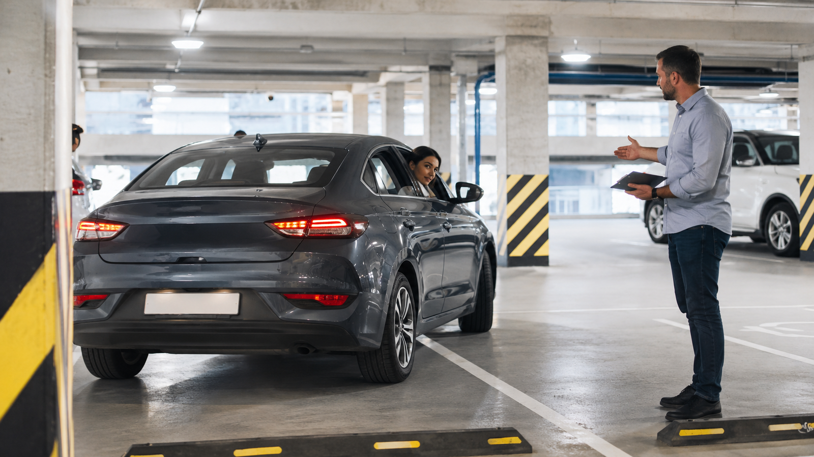 Driving instructor guiding parking practice inside a modern garage
